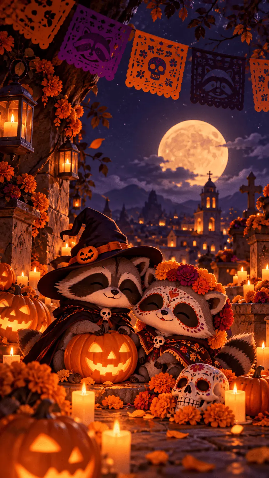 Dos mapaches de Racoonity: uno con temática Halloween y otro con temática Día de Muertos
