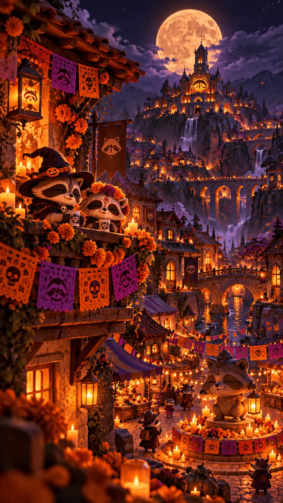 Ciudad de Racoonity decorada para Halloween y Día de Muertos